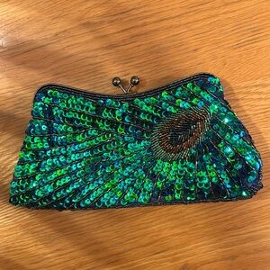 Stunning peacock design shimmery glitzy clutch - handbag - purse with chain
